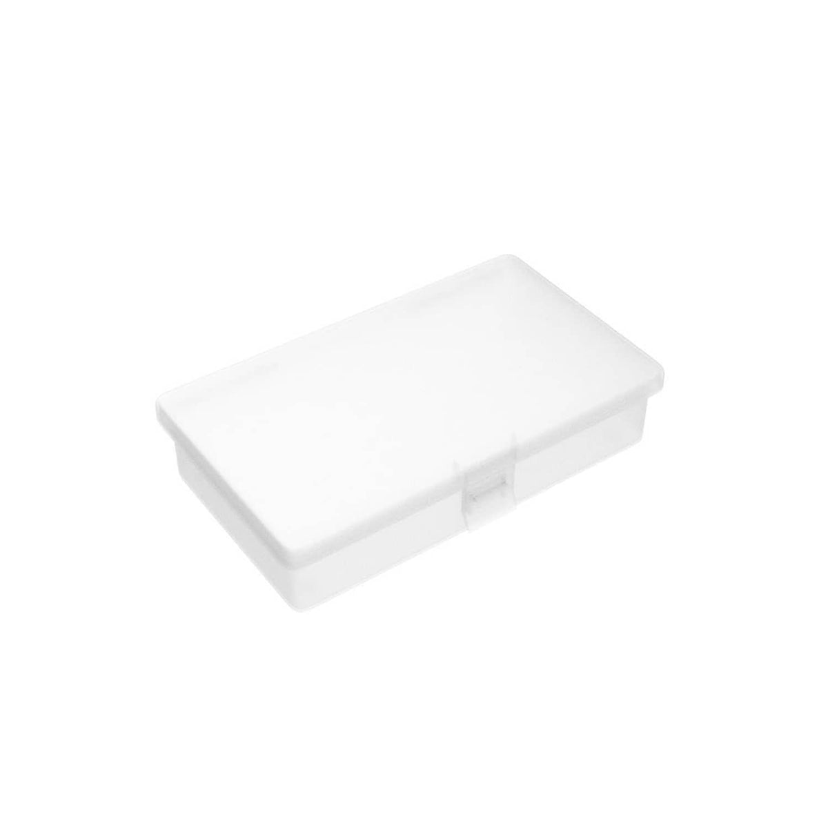 Clear rectangular plastic storage box with snap-lid latch, closed