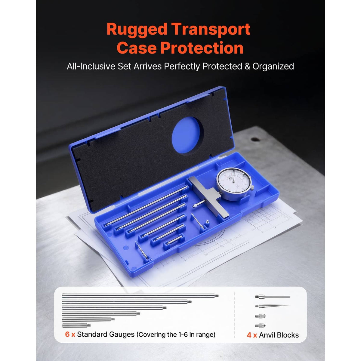 Depth gauge micrometer set in rugged blue case with dial gauge and storage slots