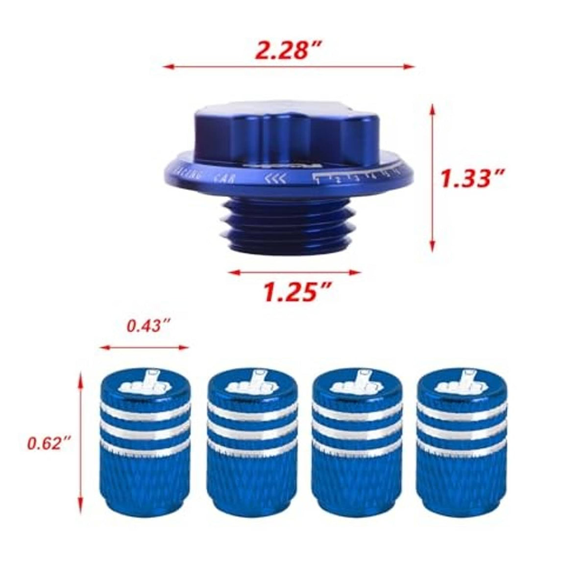 Blue tire valve cap with screw threads, with size measurements and four matching caps