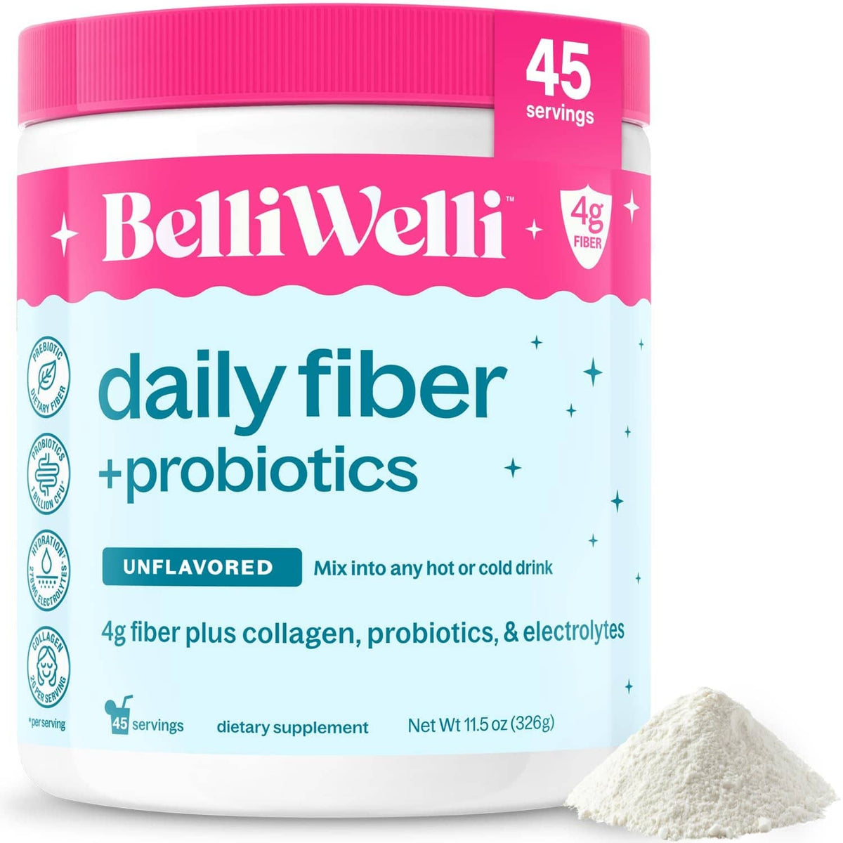 Unflavored daily fiber + probiotics supplement powder tub, 45 servings, 1 lb net weight.