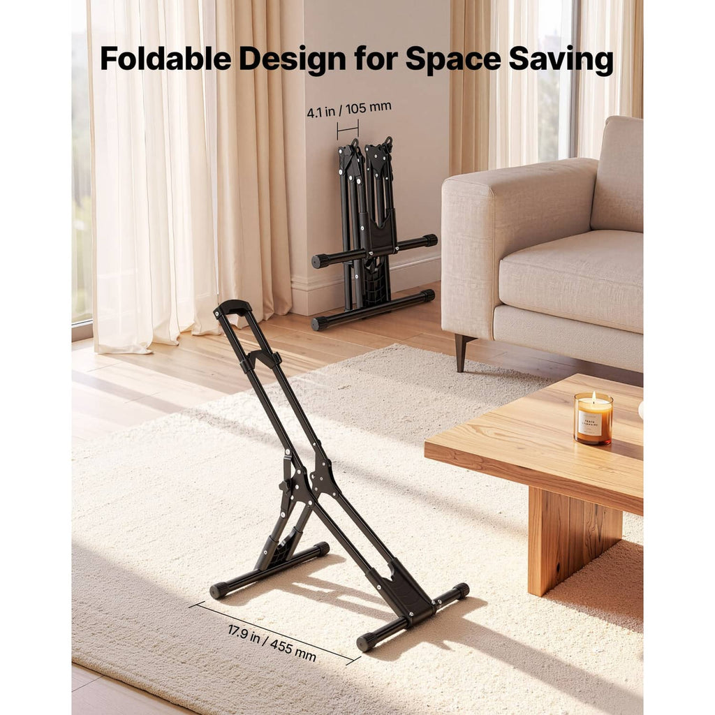 Foldable bike storage rack pair with wide base and padded wheel supports, black