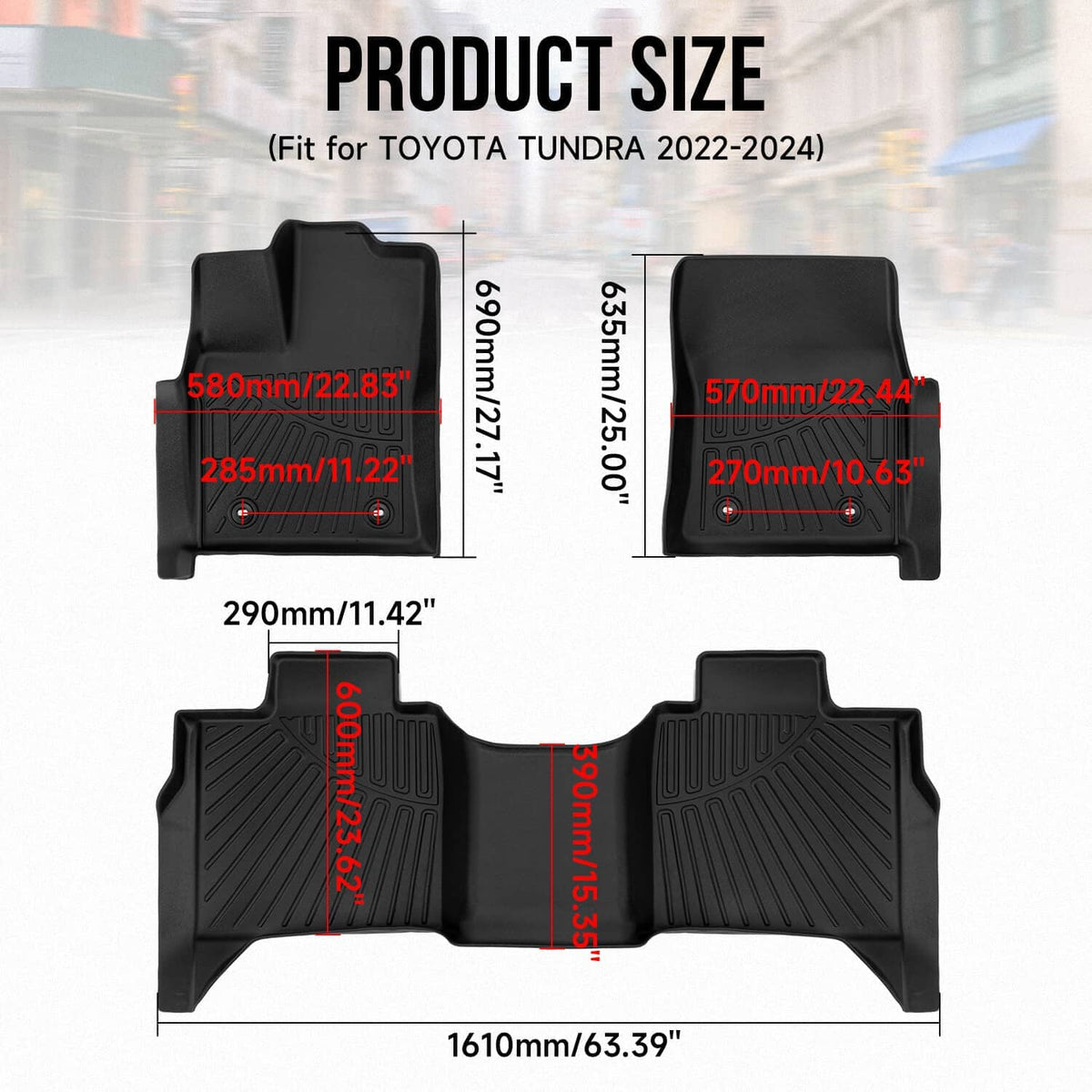 Black front floor mat liner with raised tread and molded edges, size diagram outline