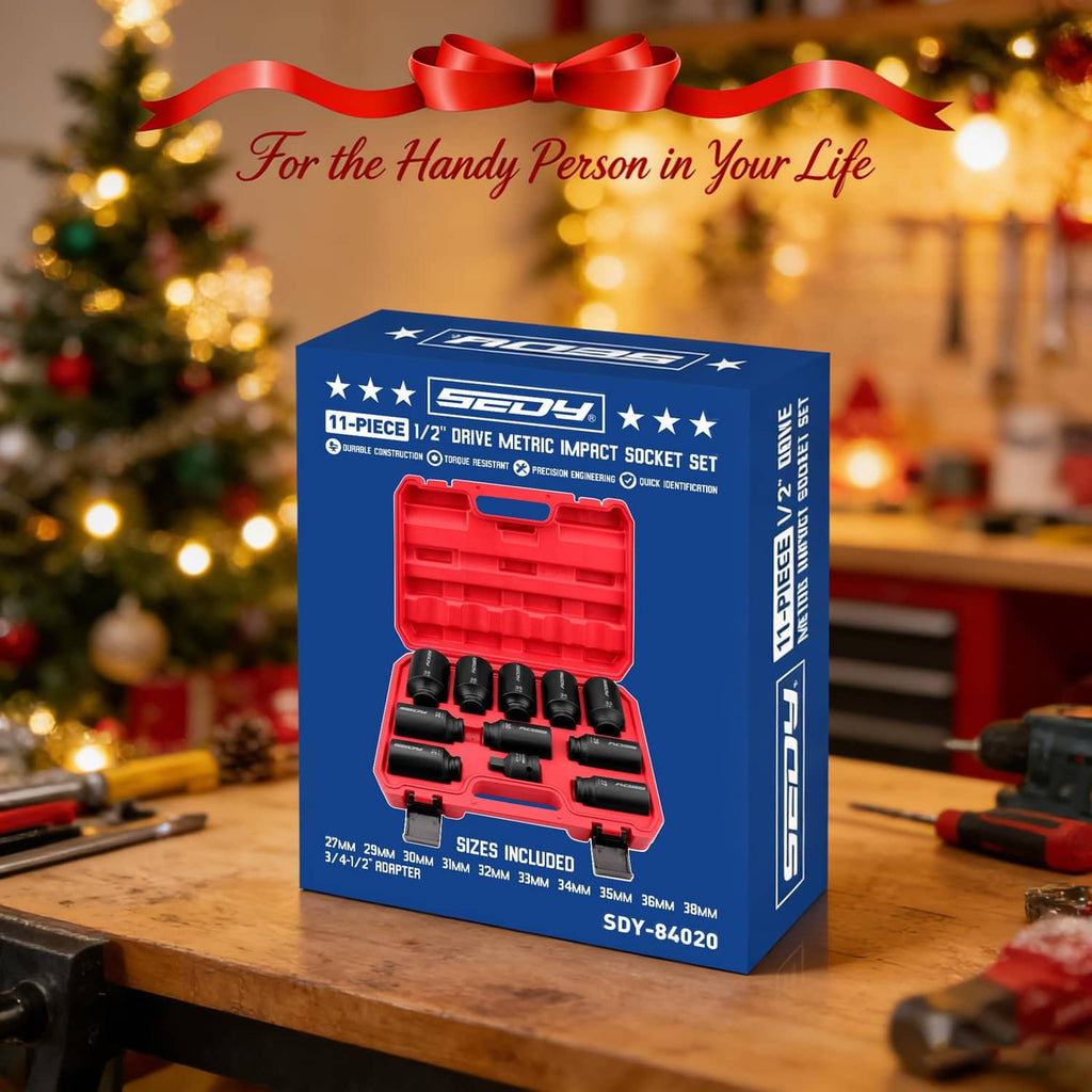 Retail box of 1/2 drive metric impact socket set with included size sockets