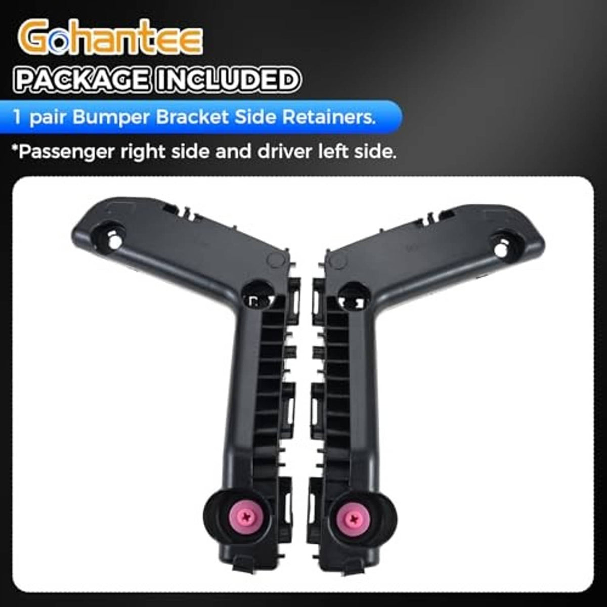 Black plastic bumper bracket pair with two retainer clips and pink mounting pin caps
