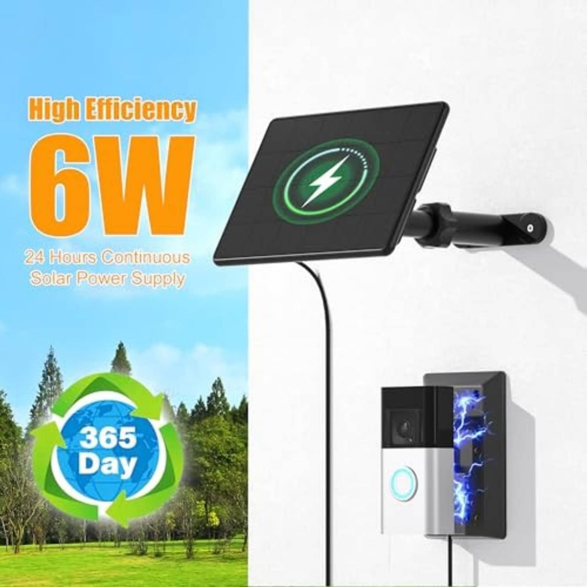 Thin black solar panel on bracket with connected charging cable for doorbell