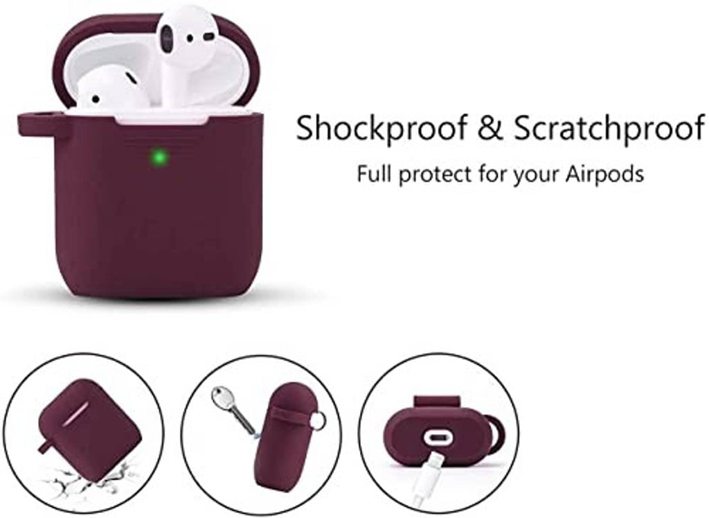 Maroon silicone earbud case cover with wrist strap and protective raised design