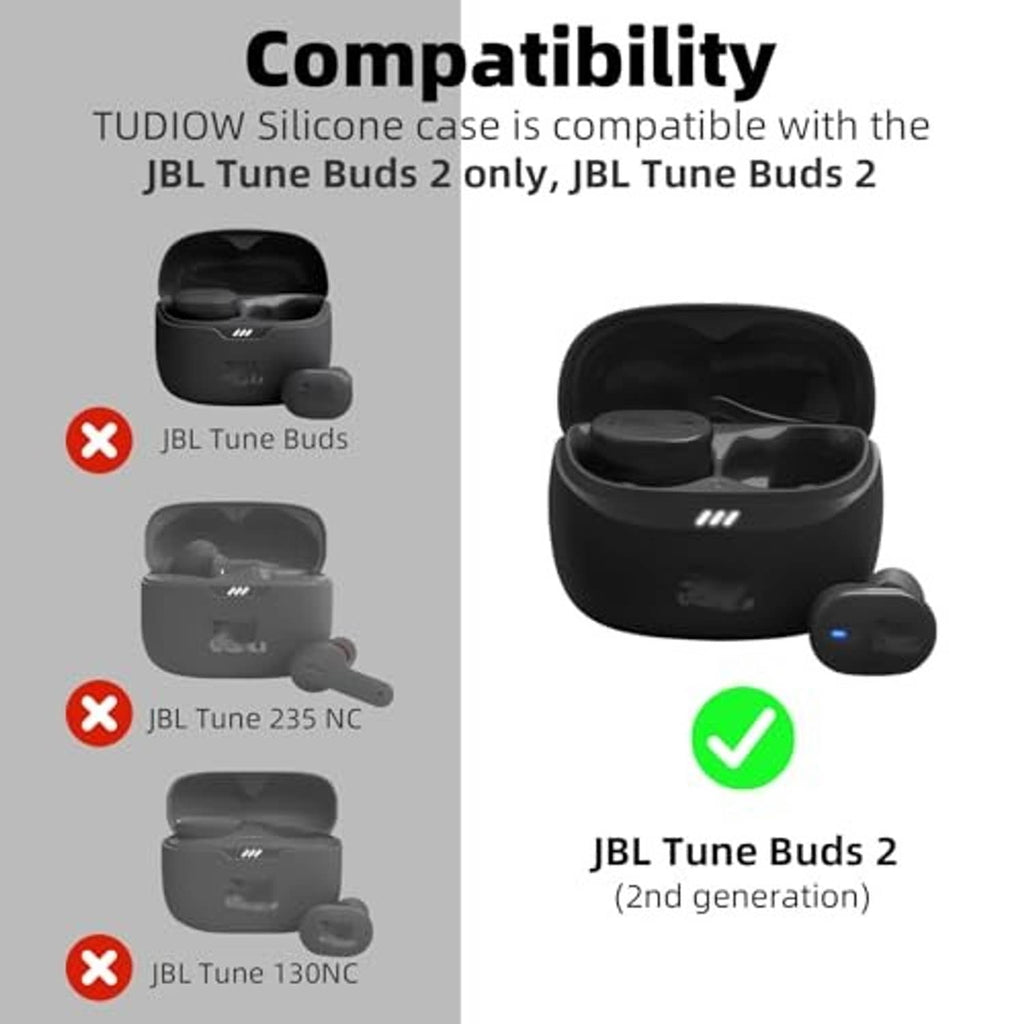 Black silicone earbud charging case shown with earbuds for compatibility selection