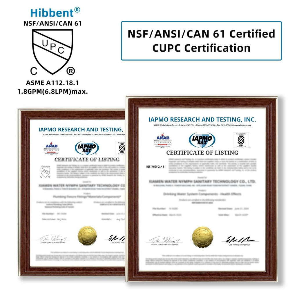 Hibbent faucet aerator certification documents shown
