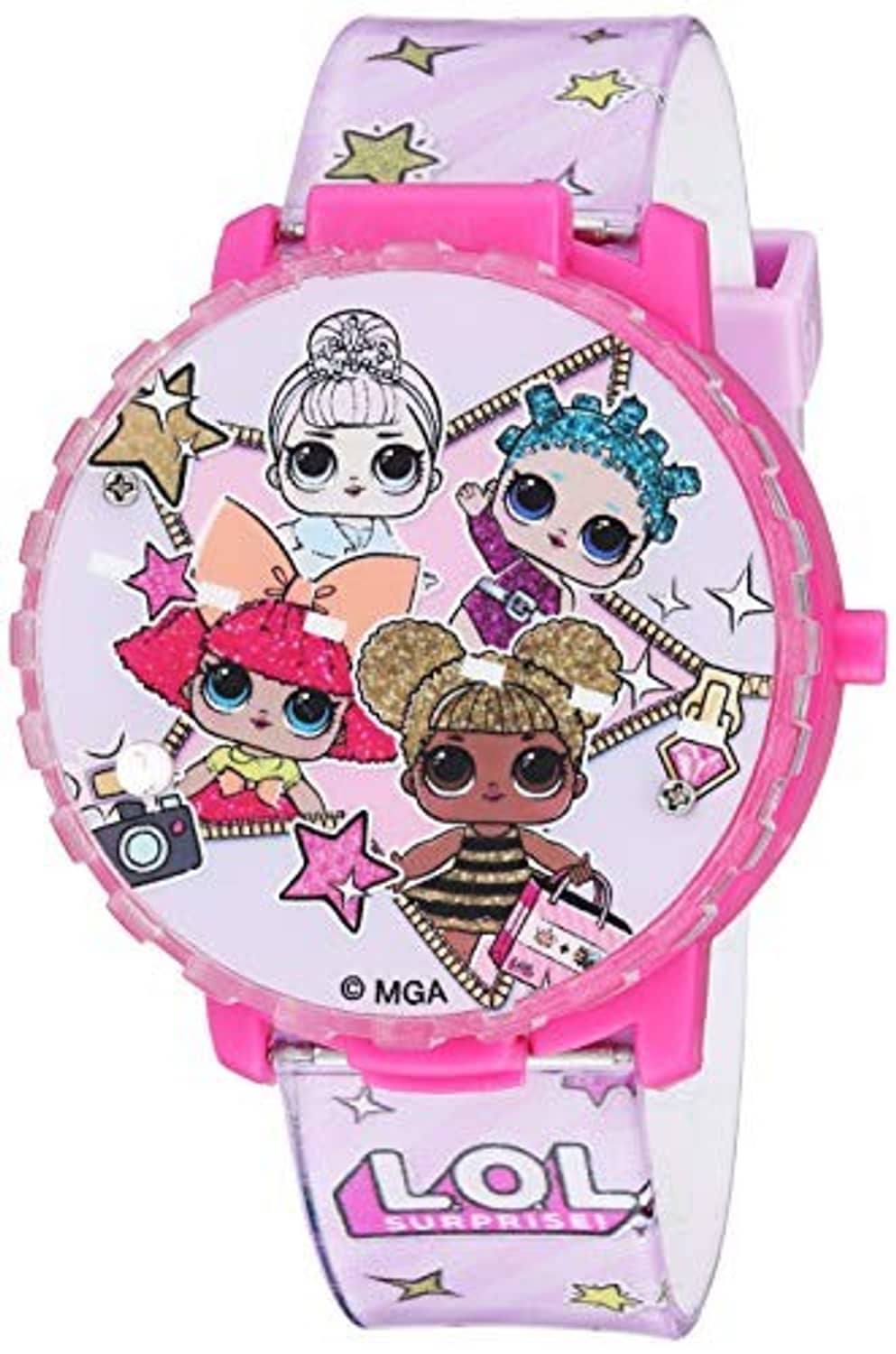 Kids light-up spinner LCD watch, pink and white strap, circular character dial with stars