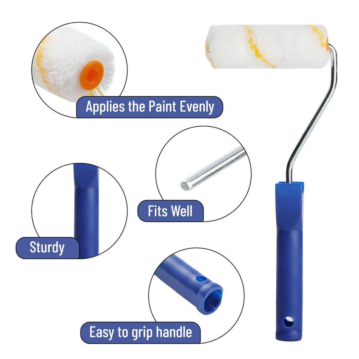 White paint roller cover with orange core on a curved silver handle