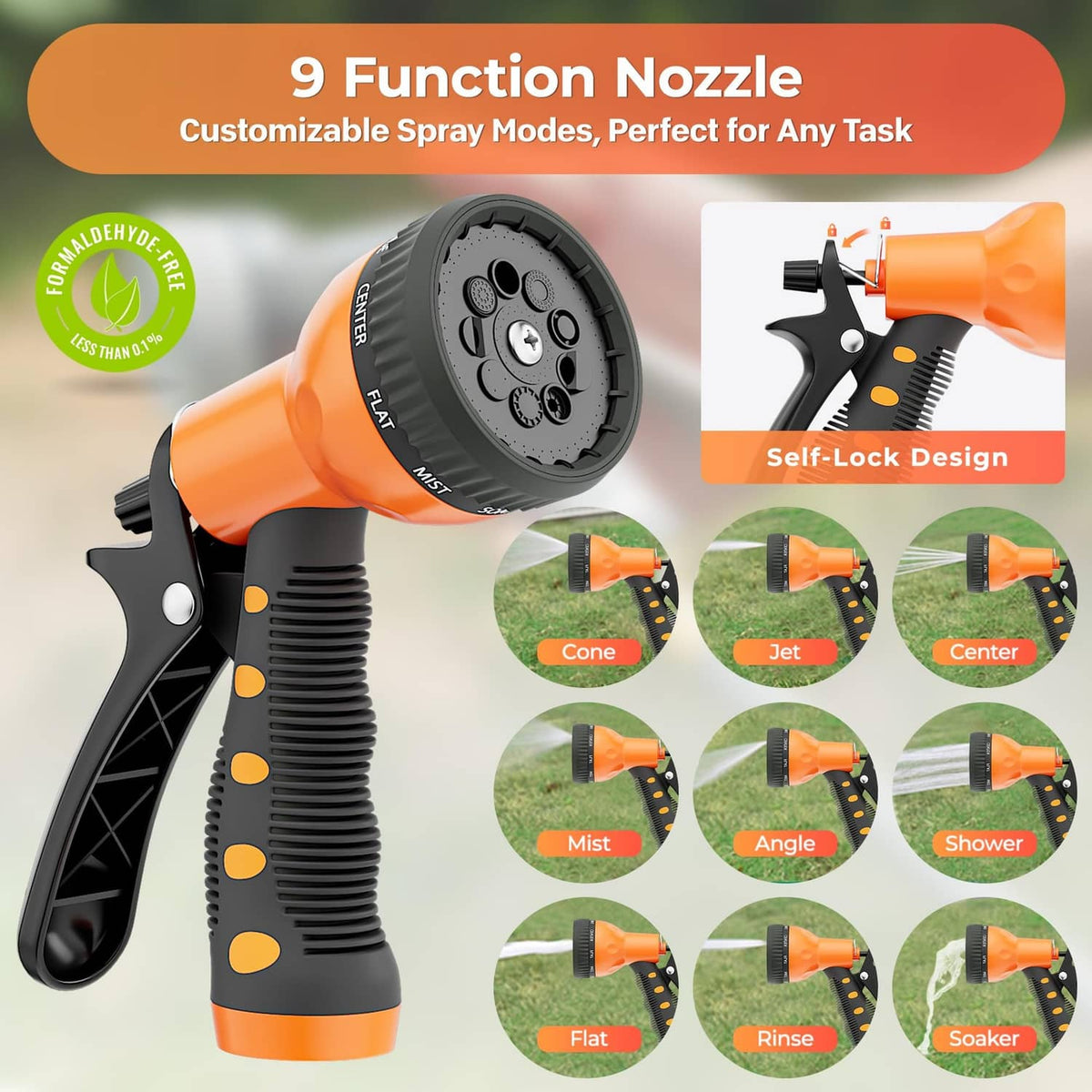 9-function hose nozzle with circular spray face and orange control grip