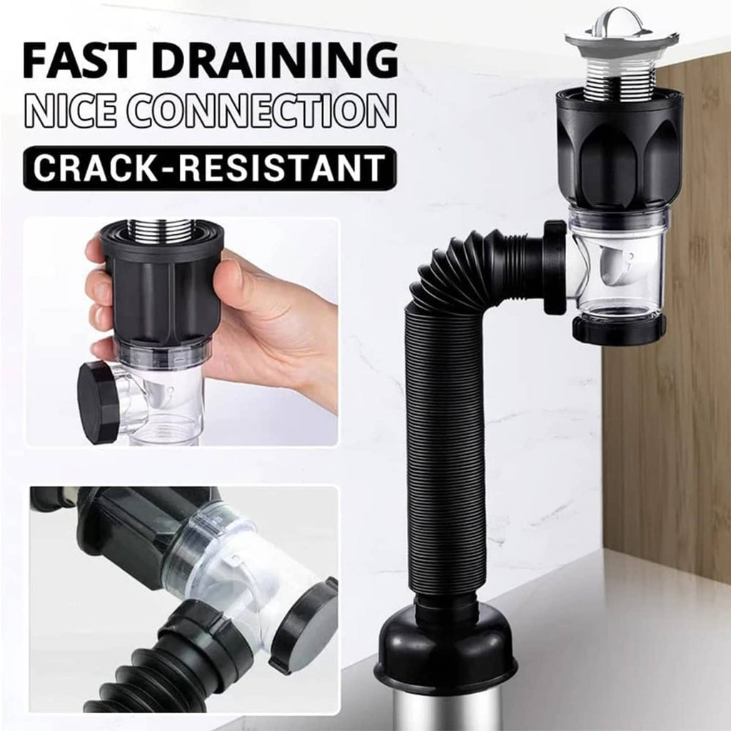 Black bathroom sink drain connection with flexible corrugated hose and clear trap section