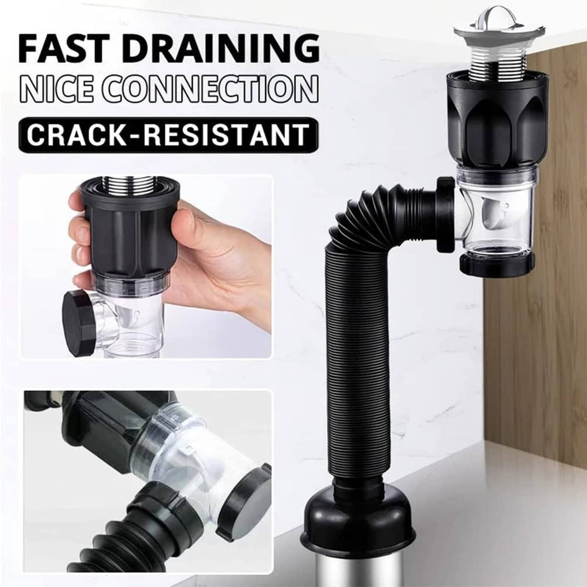 Black bathroom sink drain connection with flexible corrugated hose and clear trap section