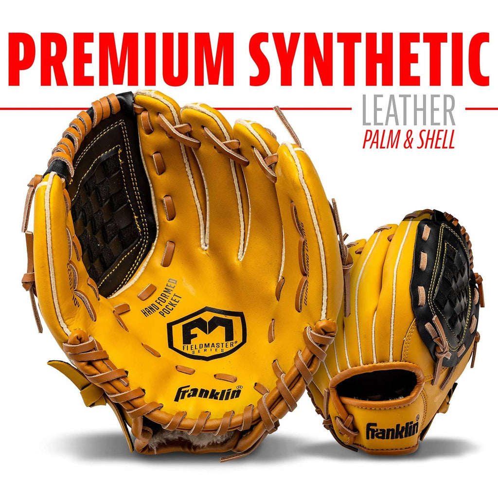 Yellow Franklin baseball glove with black web panel and padded palm area