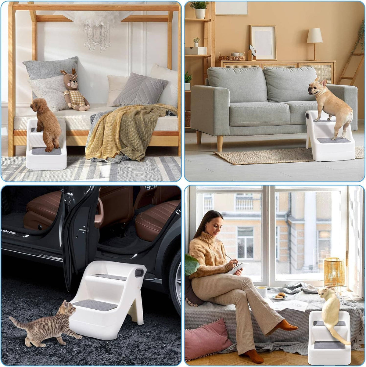 Cat litter box ramp shown in multiple home use angles, white with gray non-slip steps