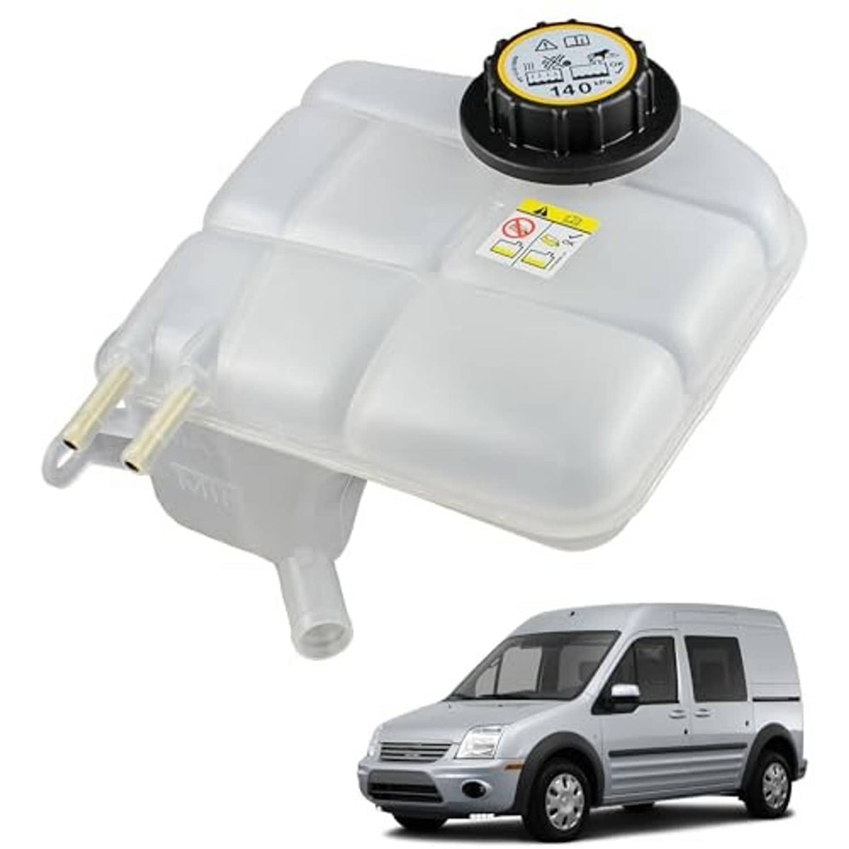White coolant overflow reservoir tank with black cap and molded side ribs