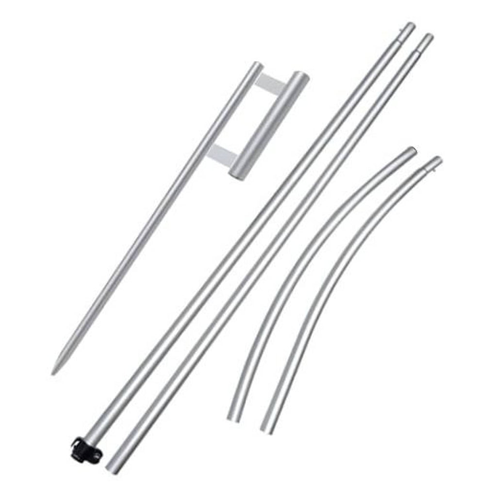 Windless flag pole kit parts: silver pole tubes with curved adapters and base spike