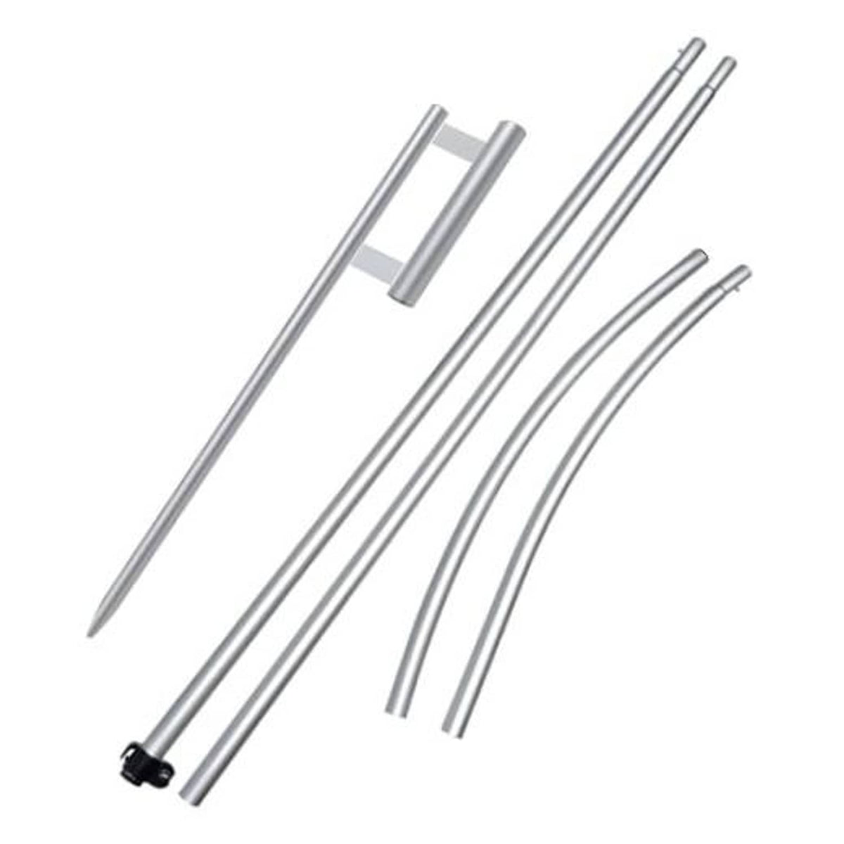 Windless flag pole kit parts: silver pole tubes with curved adapters and base spike