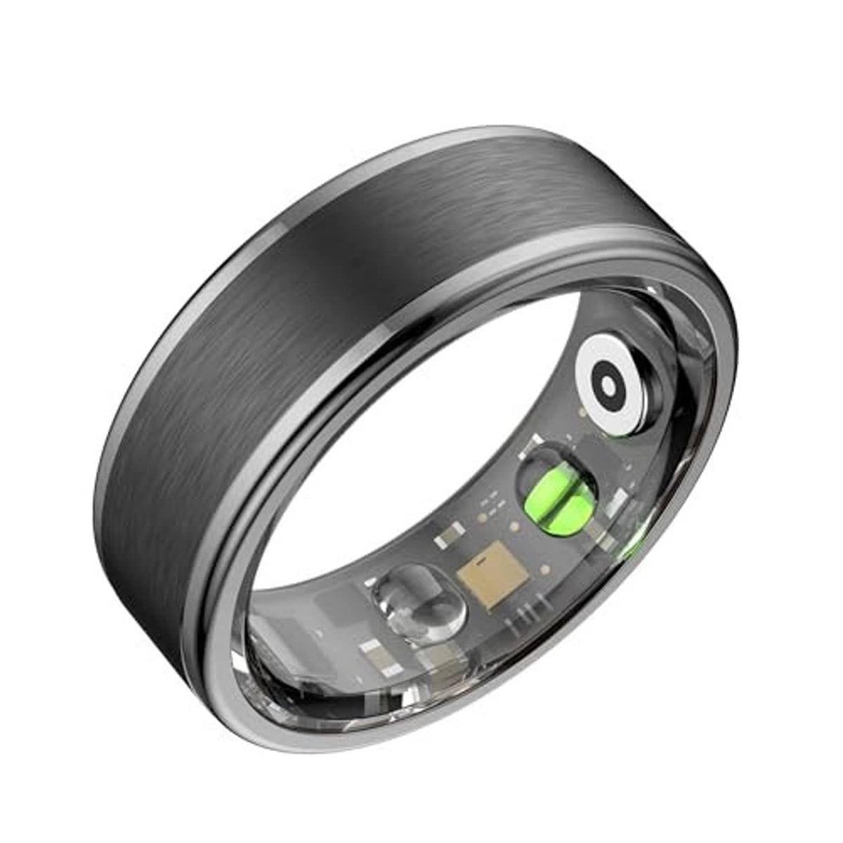 Black brushed metal smart ring with glowing sensor panel and polished outer edge