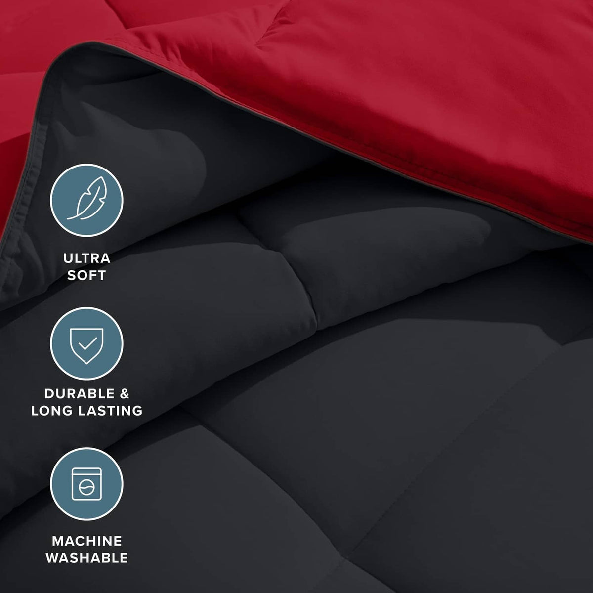 Reversible comforter close-up, black underside with red edge trim and box baffles.