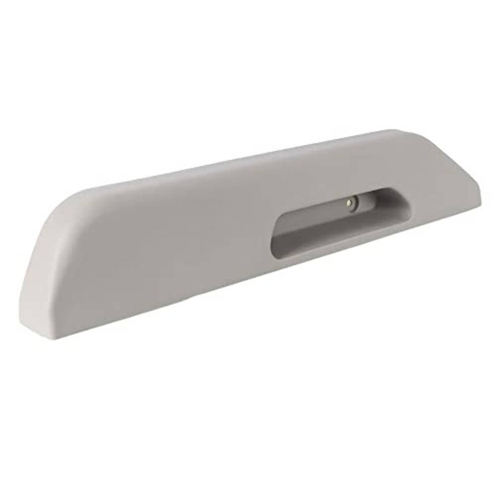 Gray armrest cover with side slot showing metal pin inside