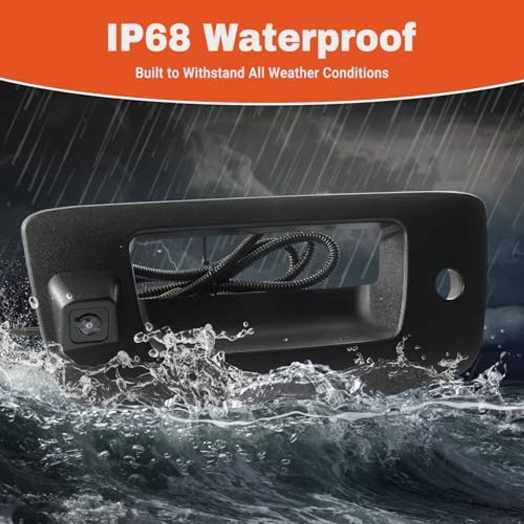 Black tailgate handle backup camera with protective housing shown with water splash