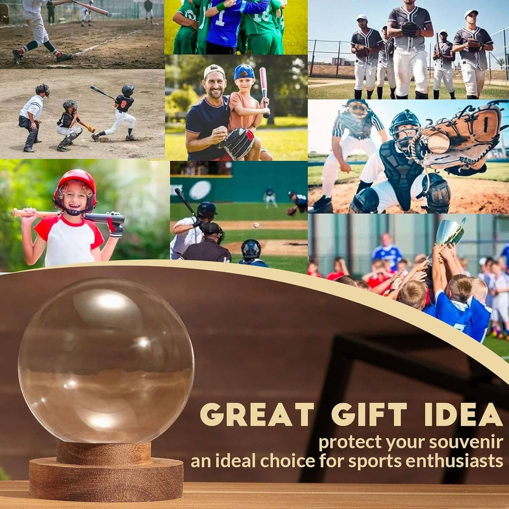 Round clear baseball display case on brown wooden base for sports souvenirs