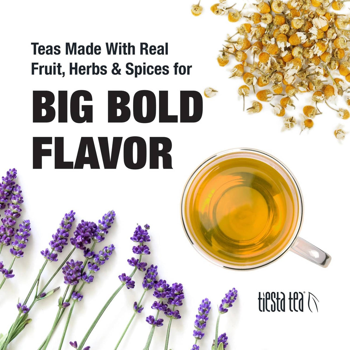Lavender chamomile tea in a glass cup with loose leaf herbs and lavender sprigs
