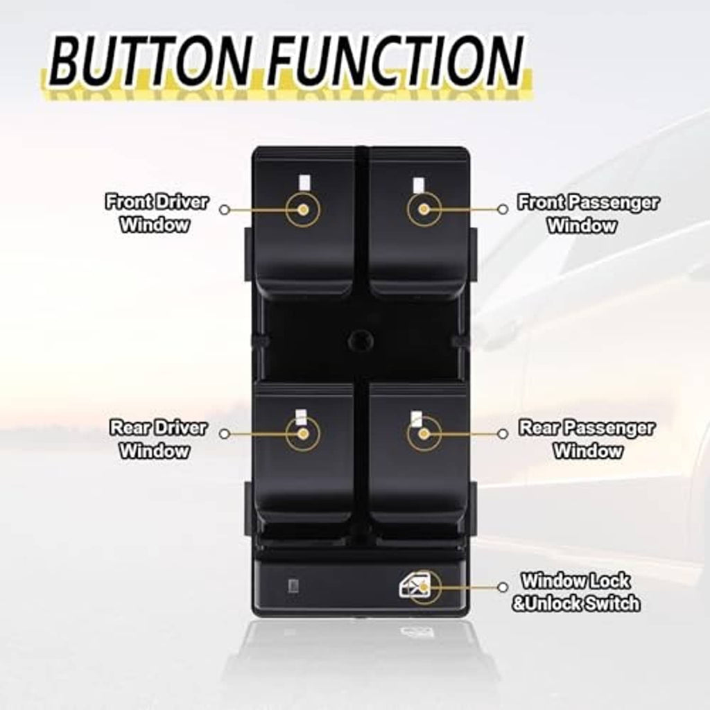 Black power window switch module showing button layout for driver and passenger windows