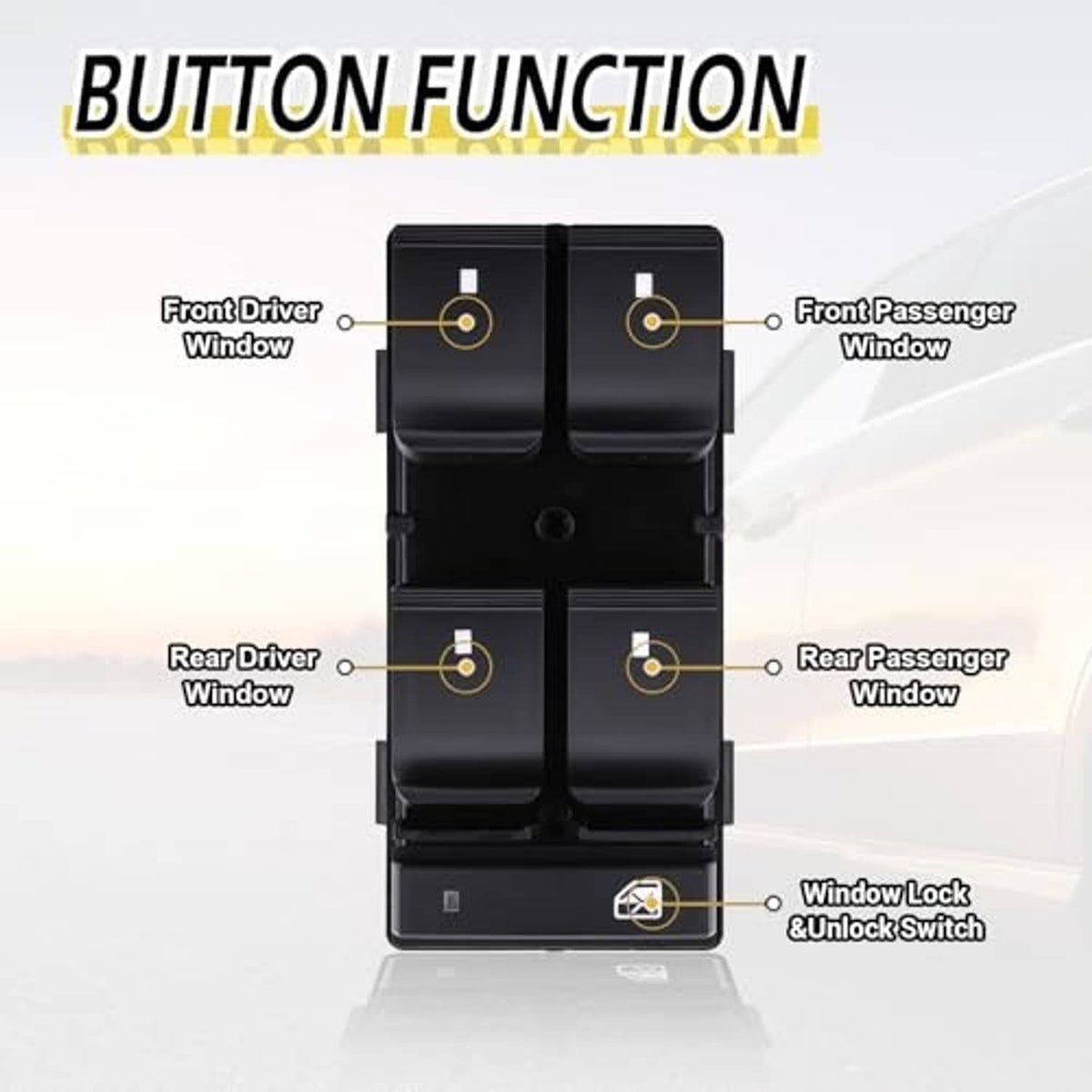 Black power window switch module showing button layout for driver and passenger windows