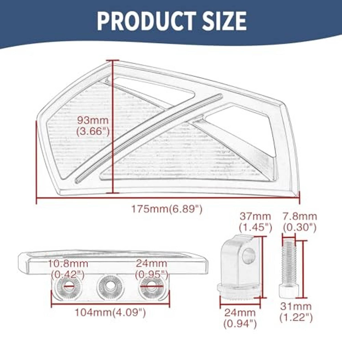 Motorcycle mini floorboard size diagram with dimensions for length and width