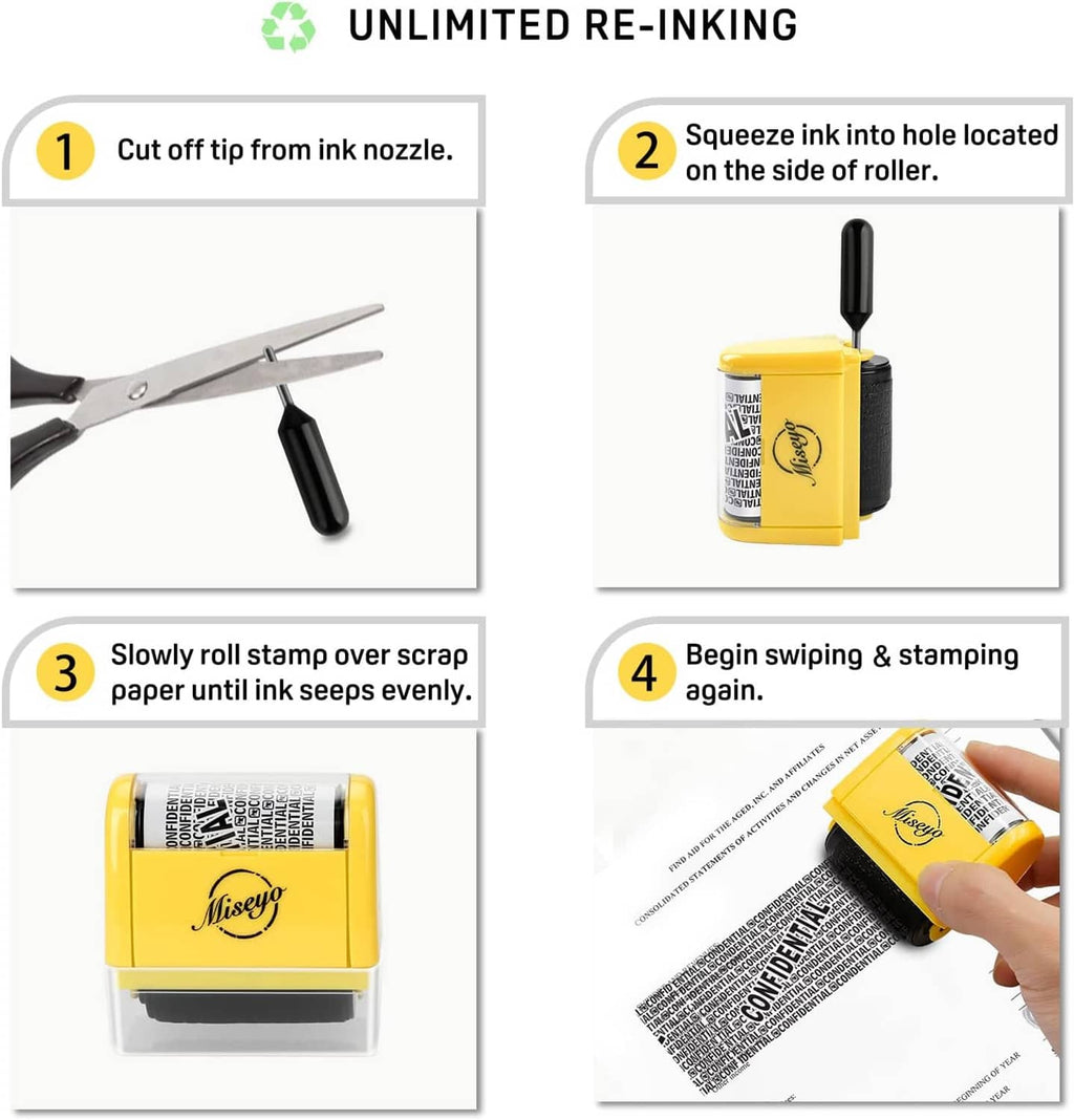 Yellow roller stamp shown in step sequence with nozzle, hand, and stamped paper examples