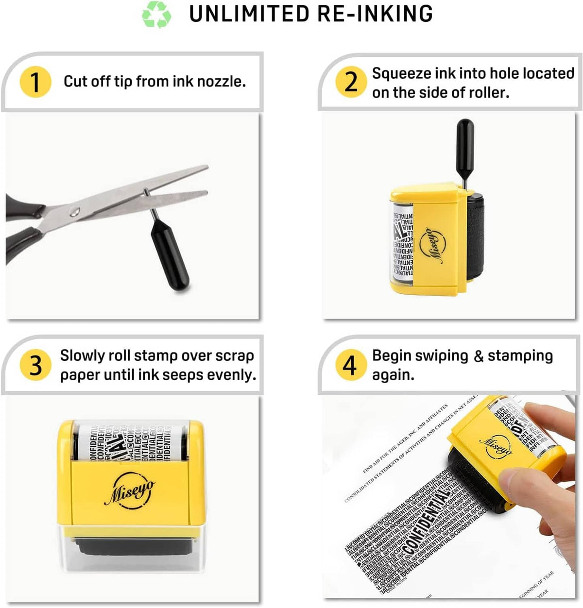 Yellow roller stamp shown in step sequence with nozzle, hand, and stamped paper examples