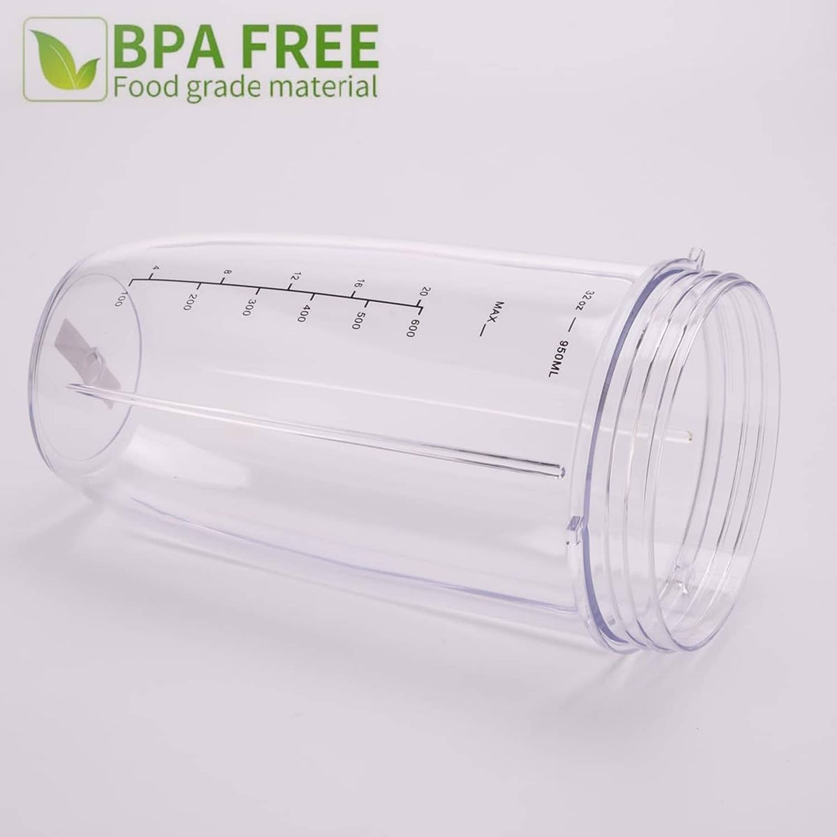 Clear blender cup with BPA-free label and measurement scale