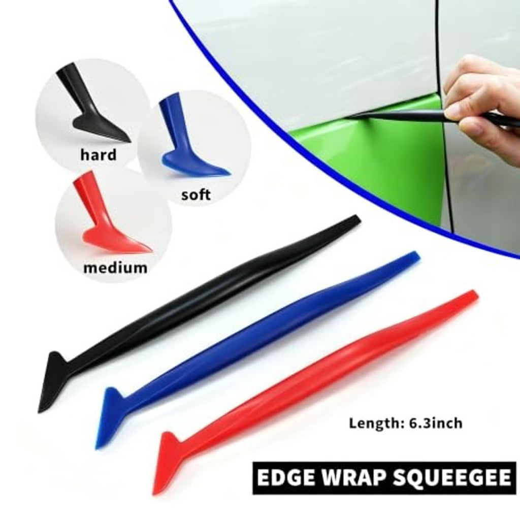 Edge wrap squeegee tools in red, blue, and black for hard, medium, and soft use