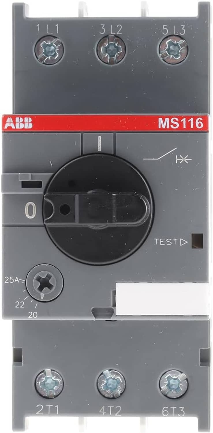 ABB MS116 3-phase manual motor starter, grey housing with black rotary switch and TEST