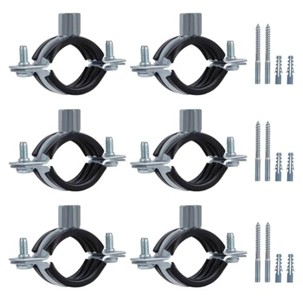 Set of pipe hanger split rings with black inserts, galvanized clamps, and mounting screws.