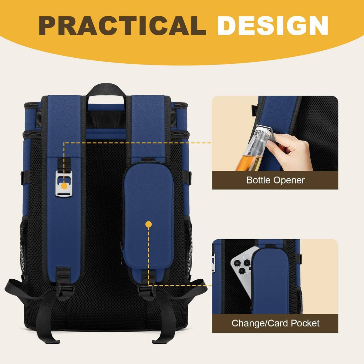 Dark blue cooler backpack with front bottle-opener detail and zip pockets
