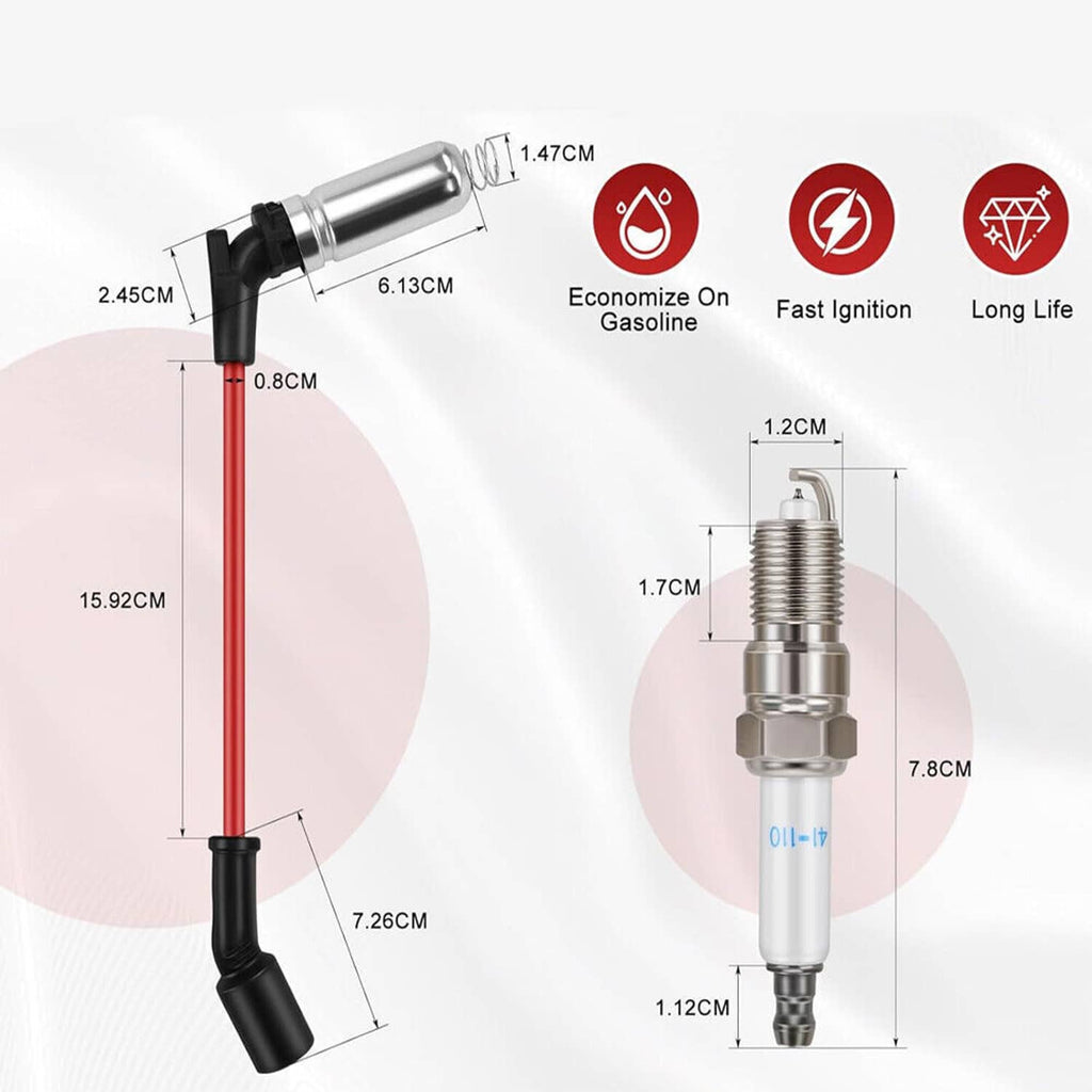 Spark plug wire with red lead and spark plug, shown with size measurements.