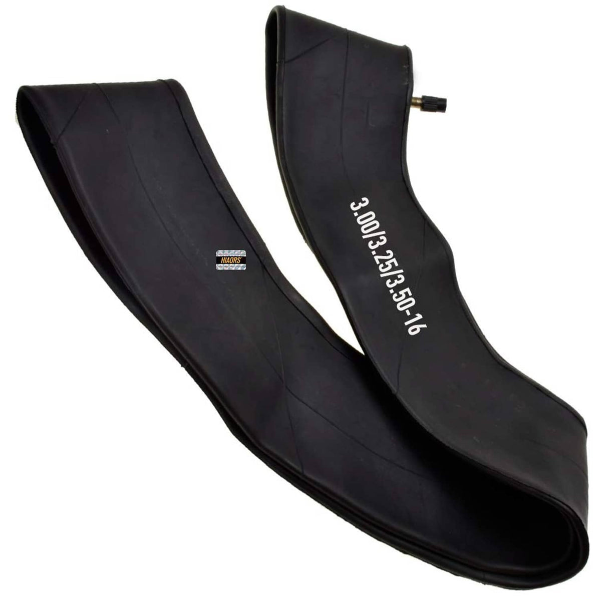 Two black 3.00/3.25/3.50-16 inner tubes with valves and embossed marking