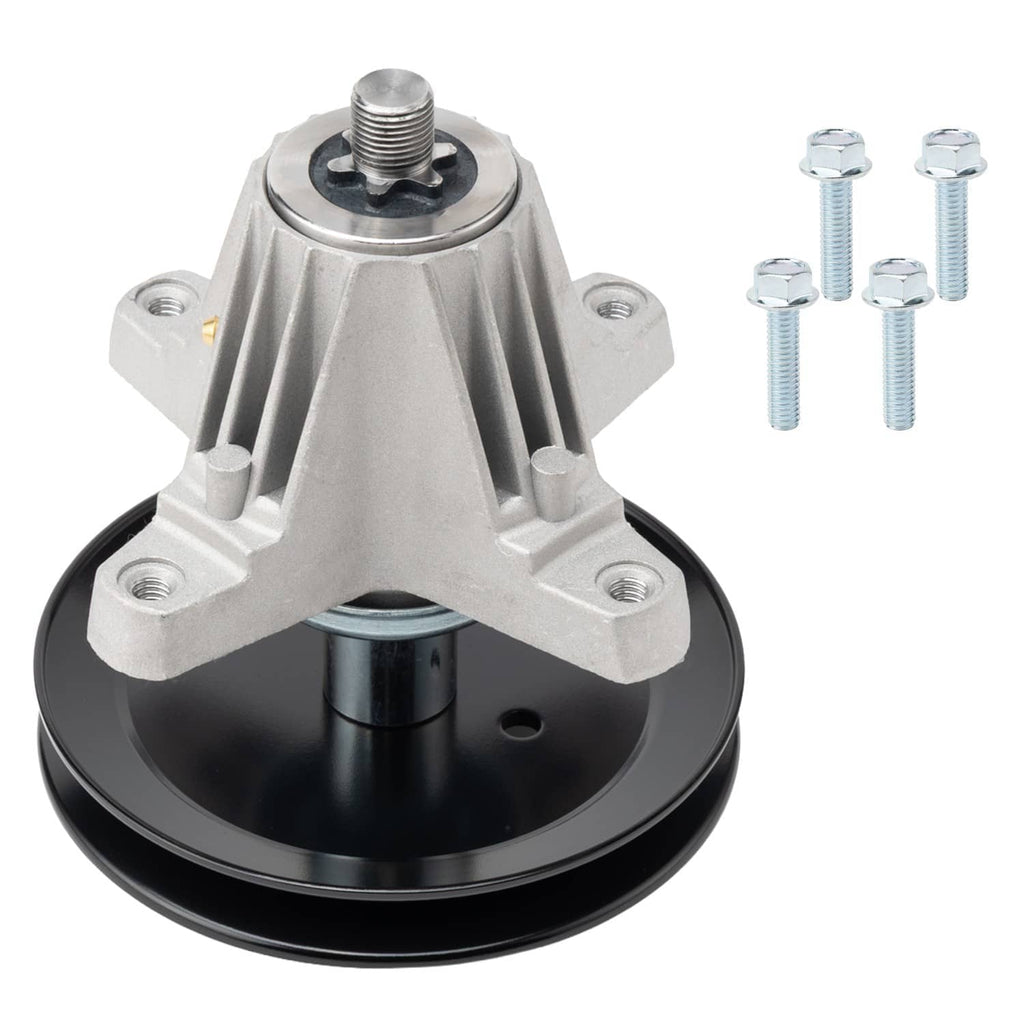 Lawn mower deck spindle assembly with black pulley, silver housing, and included mounting bolts