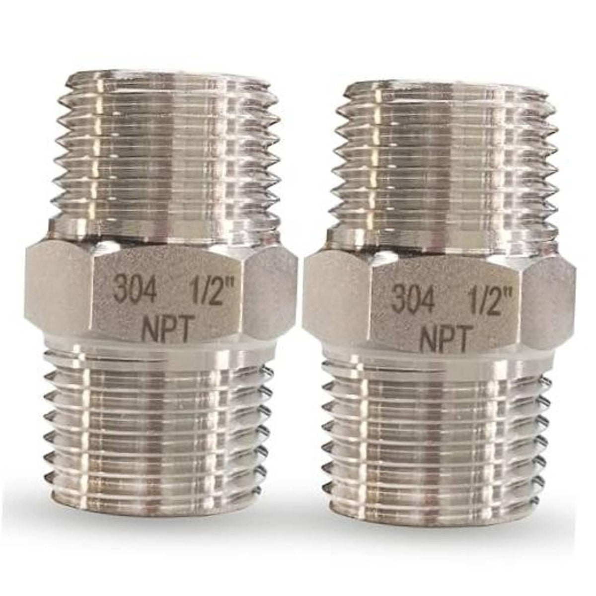304 stainless steel 1/2 in NPT male hex nipple pipe fitting, two-pack
