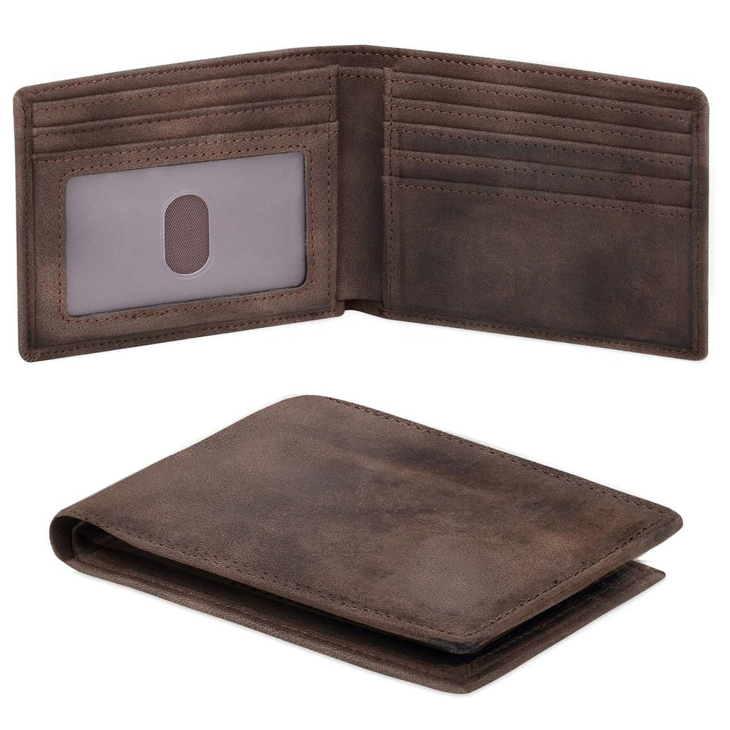 Slim bi-fold wallet in dark coffee brown with front ID window and card slots