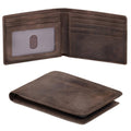 Slim bi-fold wallet in dark coffee brown with front ID window and card slots