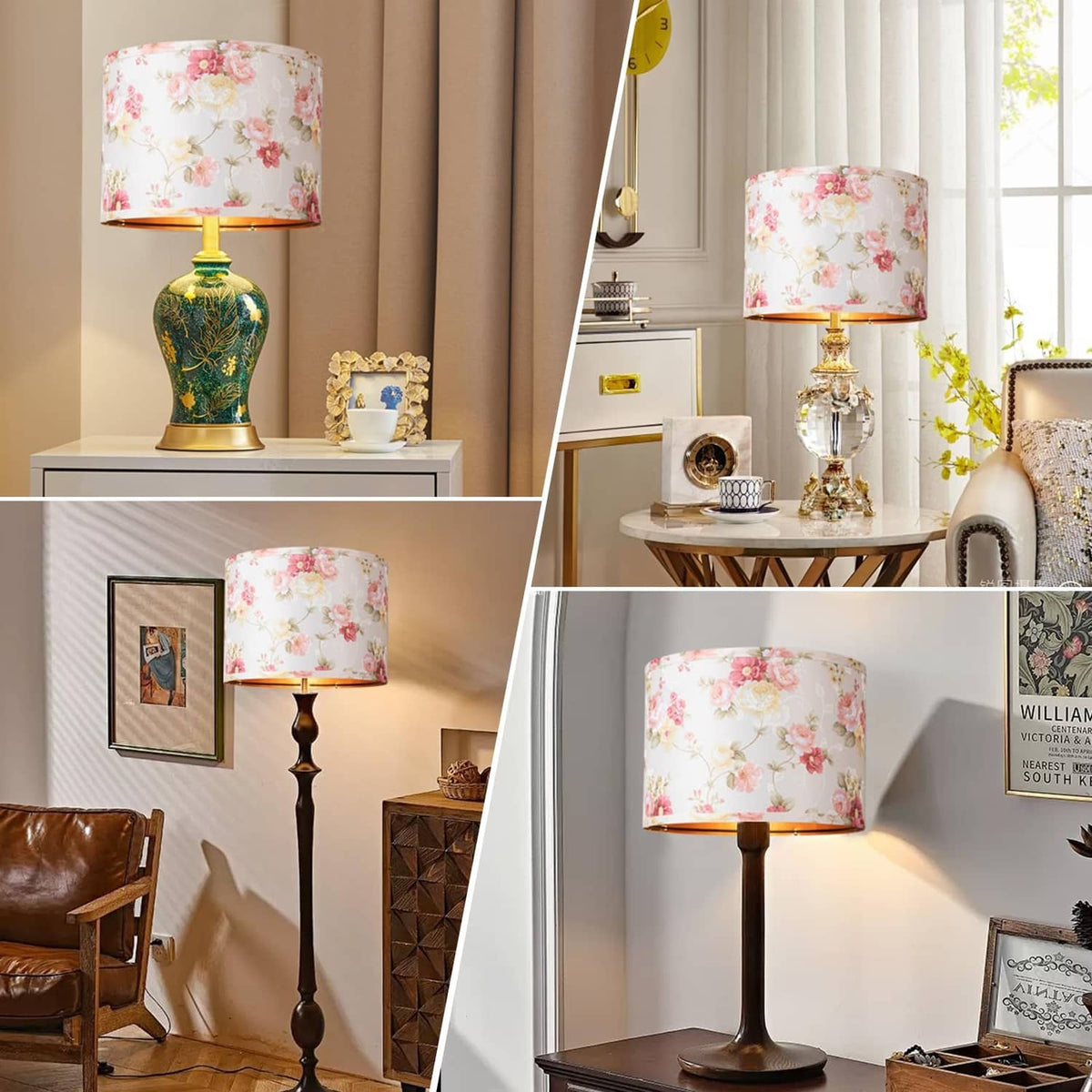 Floral drum lamp shade with pink rose print on brass lamp base