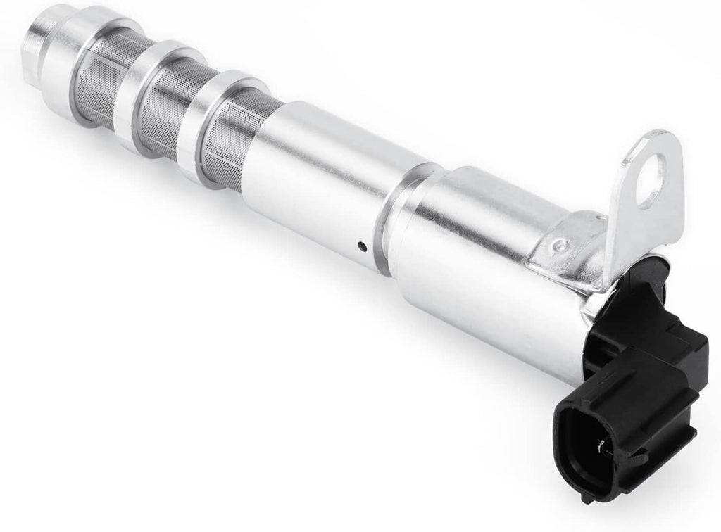 Variable timing solenoid with silver body, threaded port, and black electrical plug
