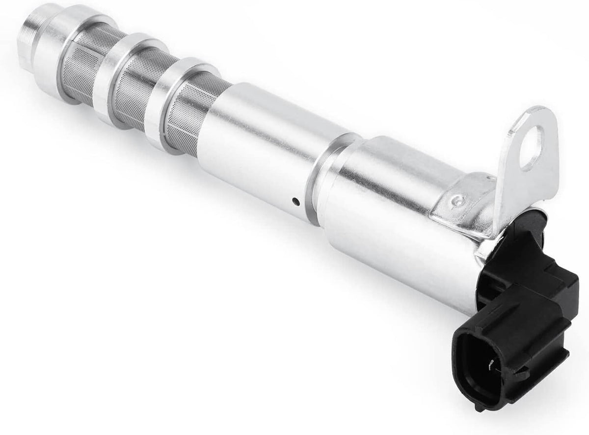 Variable timing solenoid with silver body, threaded port, and black electrical plug