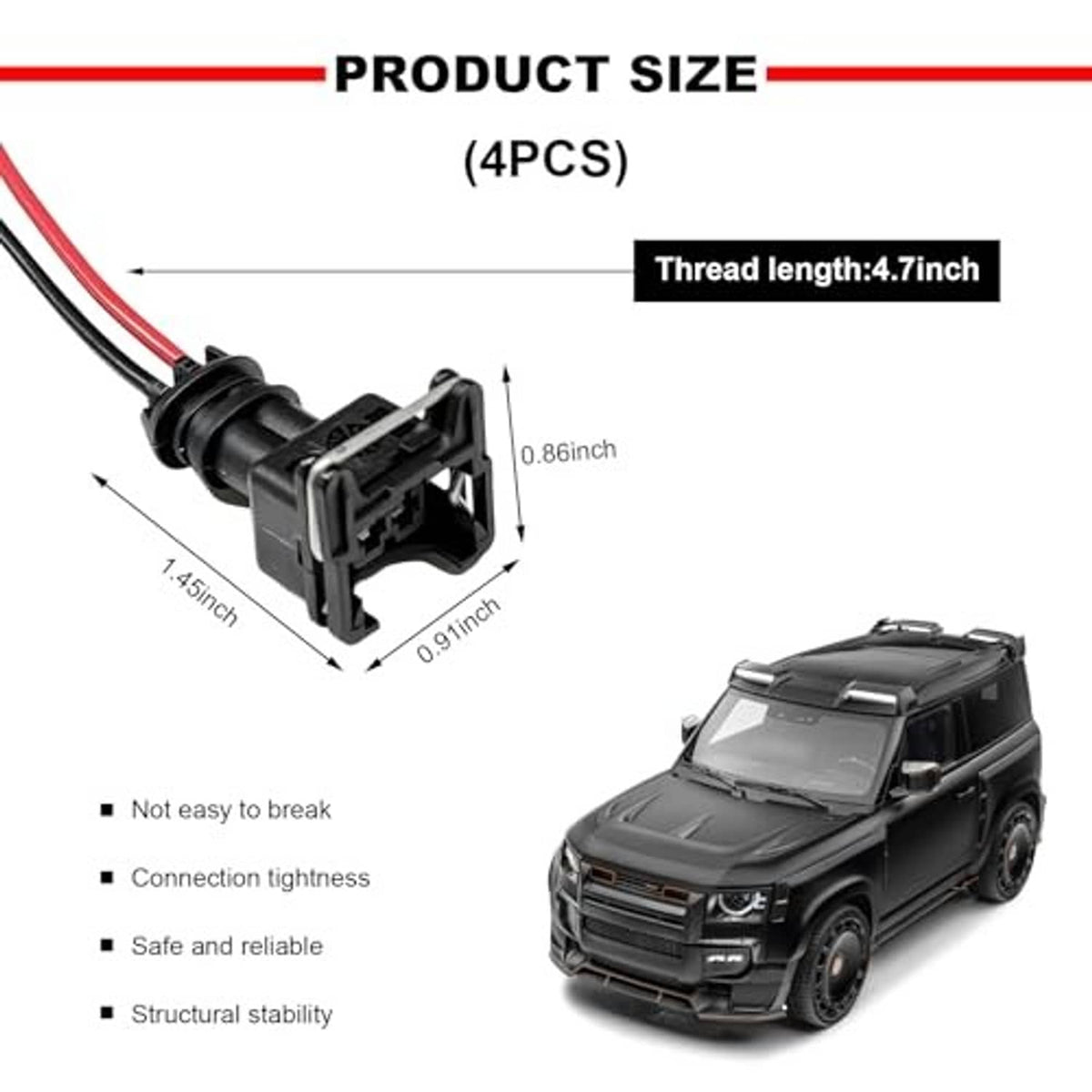 Fuel injector connector pigtail harness with black housing and red/black insulated leads