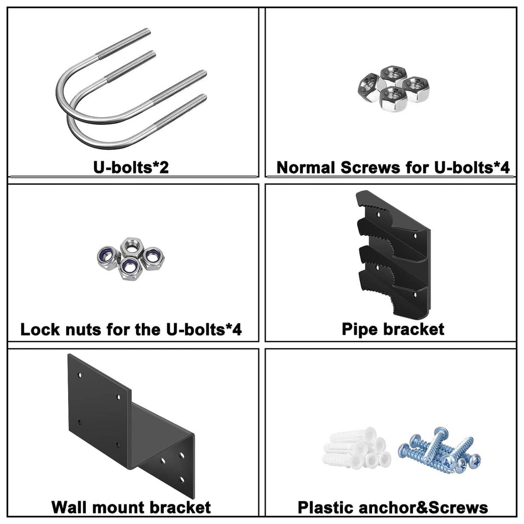 Antenna mount hardware kit: U-bolts, lock nuts, screws, anchors, pipe and wall brackets