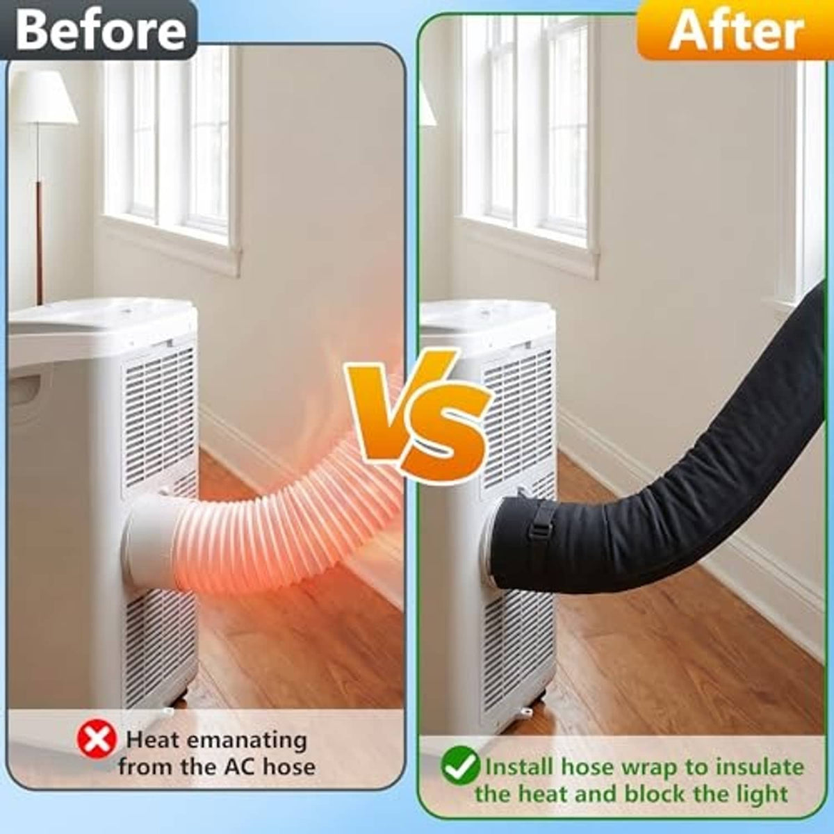 Portable AC hose with dark insulation sleeve installed, blocking heat compared to bare hose